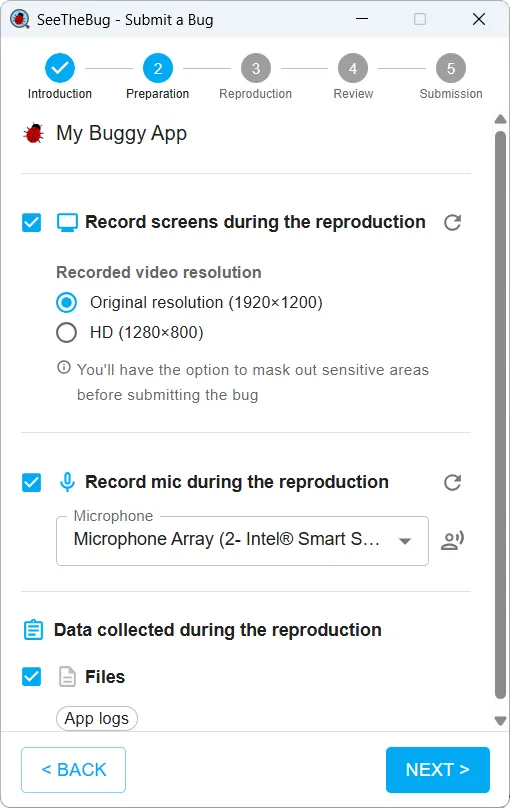 The preparation step, showing which screens and microphone will be recorded and the data that will be collected alongside them