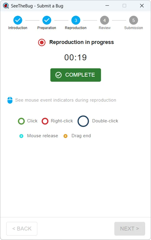 The reproduction step with a recording in progress: an elapsed timer, a Complete button, and a legend of the mouse actions being marked in the video