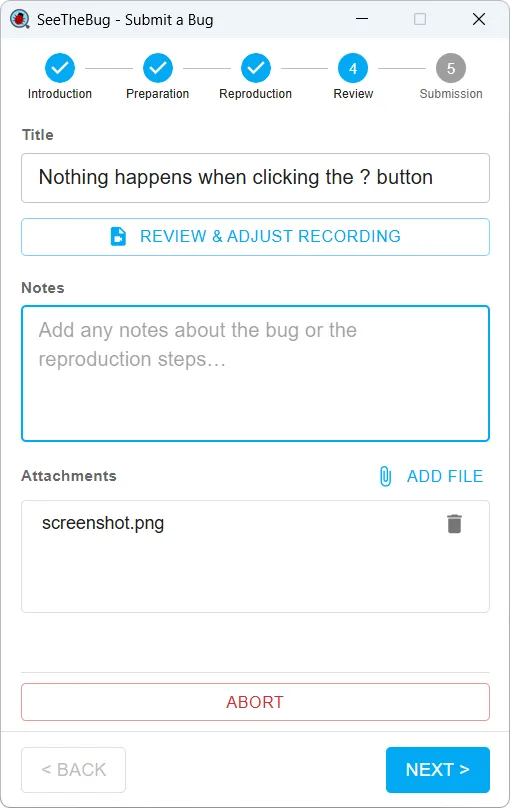 The review step, where the reporter titles the bug, adds notes and attaches extra files before sending