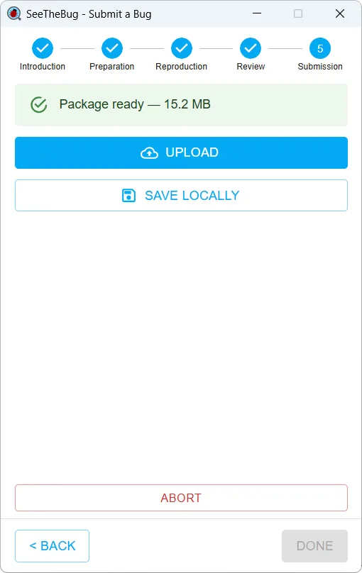 The submission step showing a sealed capture package ready to upload or save to disk