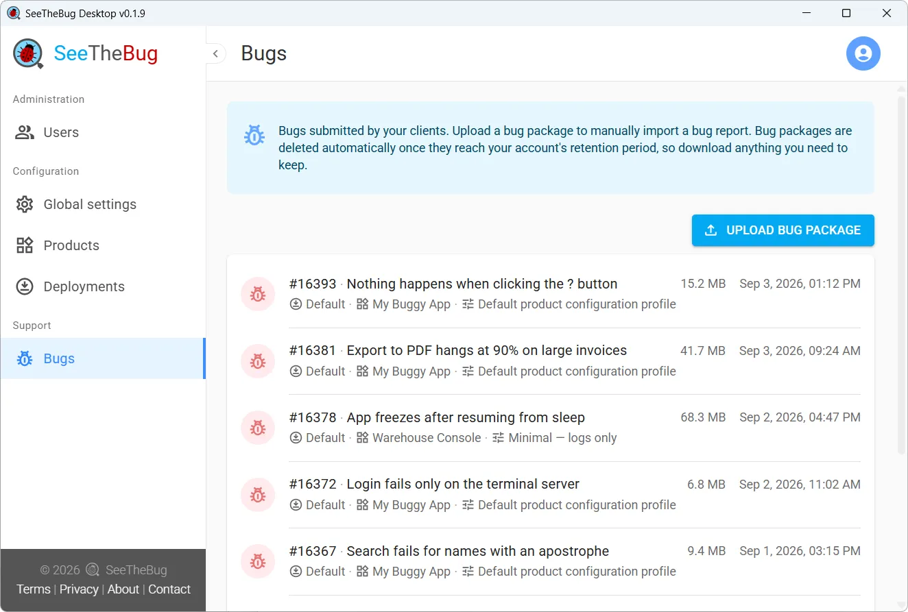 The portal listing submitted bugs with their capture size, submission time, product and configuration profile