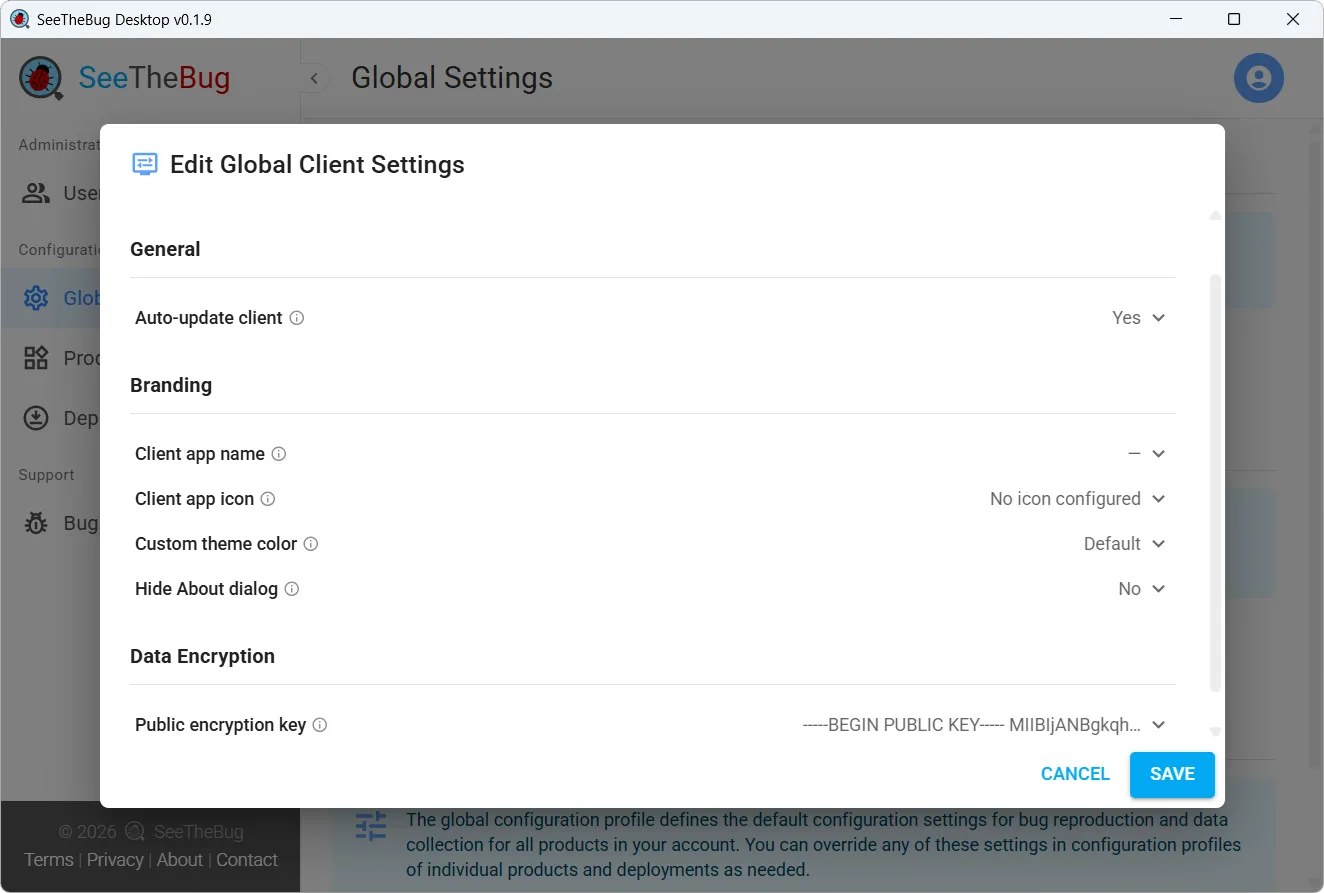 The global client settings dialog, showing client branding options and the public key used for end-to-end encryption