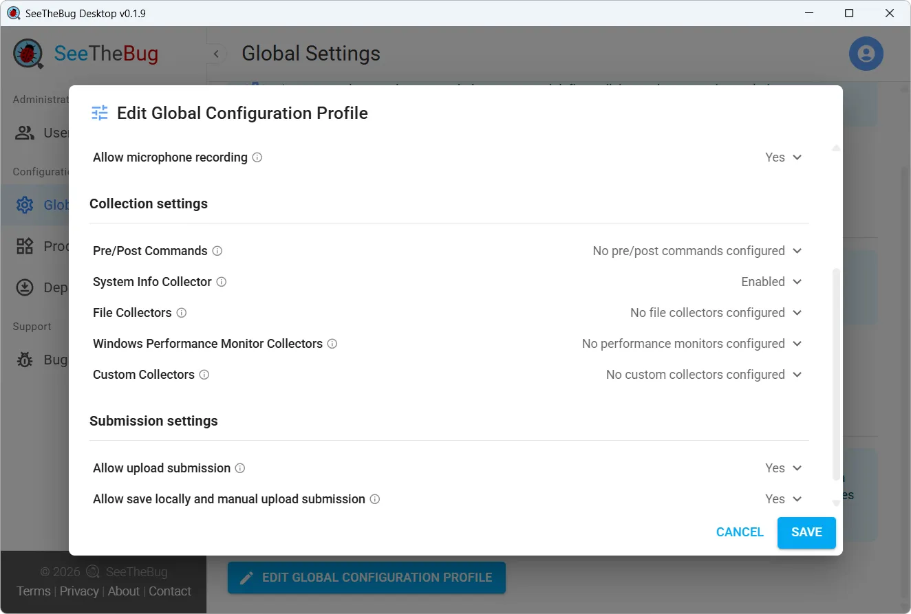 The global configuration profile, listing the collection settings — pre/post commands, system info, file collectors, performance monitors and custom collectors — and the submission options